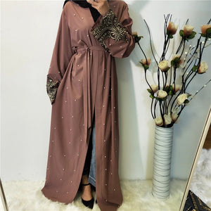 Women's Arabian Polyester Full Sleeve Beaded Elegant Open Abaya