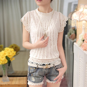 Women's Polyester O-Neck Short Sleeves Hollow-Out Casual Blouse