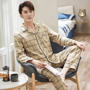 Men's Polyester Plaid Pattern Shirt With Elastic Waist Pant Set