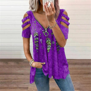 Women's V-Neck Cotton Short Sleeves Elegant Hollow Out Sexy Tops