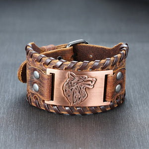 Men's Genuine Leather Round Shaped Link Chain Wrist Bracelet