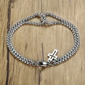 Men's Stainless Steel Box Chain Double Layer Cross Bracelet