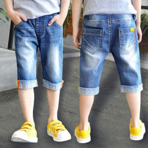Kid's Low Elastic Waist Plain Knee-Length Side Pocket Denim Shorts