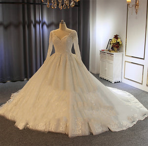 Women's V-Neck Full Sleeves Lace-Up Wedding Gown Bridal Dress
