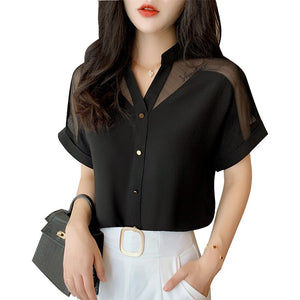 Women's Chiffon V-Neck Short Sleeves Buttoned Up Casual Blouse