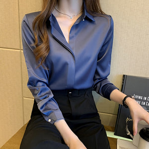 Women's Silk Turn-Down Collar Long Sleeve Plain Pattern Blouse