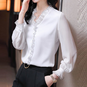 Women's V-Neck Polyester Full Sleeve Ruffle Pattern Casual Blouse