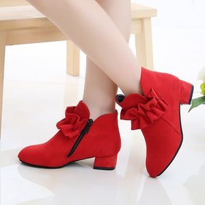 Kid's Girl Flock Square Heels Pointed Toe Zipper Closure Shoes