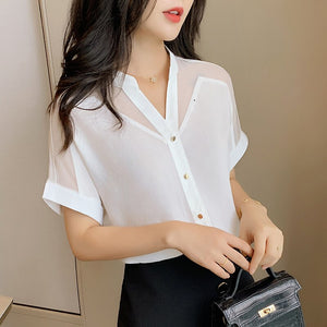 Women's Chiffon V-Neck Short Sleeves Buttoned Up Casual Blouse