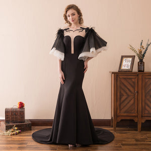 Women's Polyester Half Sleeves Floor-Length Satin Evening Dresses