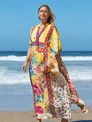 Women's V-Neck Half Sleeve Floral Print Kaftan Beach Cover Up