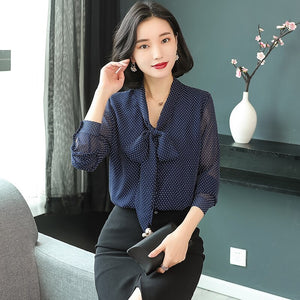 Women's V-Neck Polyester Full Sleeves Dotted Casual Wear Blouses