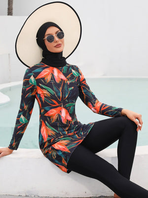 Women's Arabian Turtle Neck Printed Swimwear Three-Piece Dress