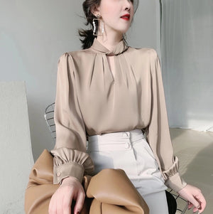 Women's Acetate V-Neck Full Sleeves Solid Pattern Elegant Blouses