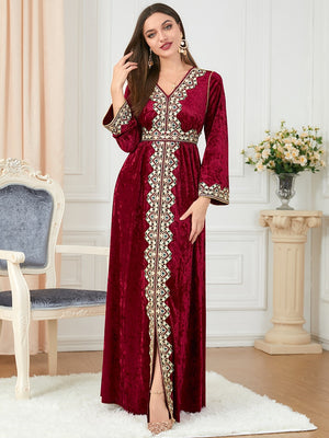 Women's Arabian Velvet Full Sleeve Embroidery Casual Wear Dress