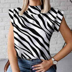 Women's O-Neck Polyester Short Sleeve Pullover Slim Print Blouses