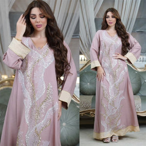 Women's Arabian V-Neck Polyester Full Sleeves Embroidery Dresses