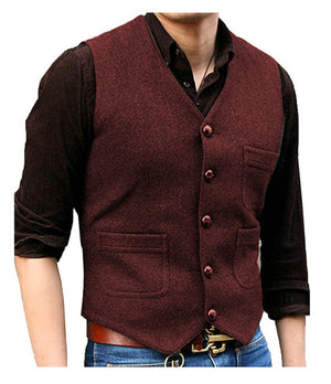 Men's Wool V-Neck Sleeveless Plain Single Breasted Formal Vests