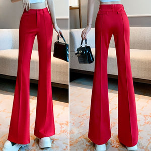 Women's Acrylic High Waist Solid Pattern Button Fly Trousers