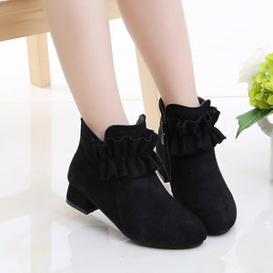 Kid's Girl Flock Square Heels Pointed Toe Zipper Closure Shoes