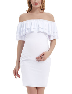 Women's Cotton Ruffle Neck Solid Pattern Casual Maternity Dress