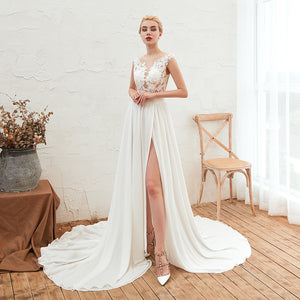 Women's V-Neck Chiffon Sleeveless Sexy Side Slit Wedding Dress