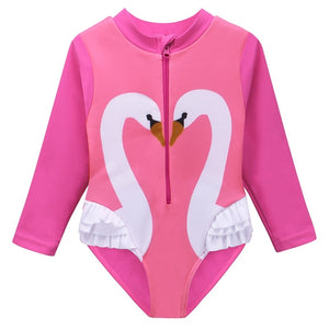 Baby's Spandex Full Sleeves One-Piece Swan Pattern Swimwear