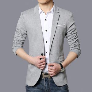 Men's Polyester Single Button Long Sleeve Plain Pattern Blazers