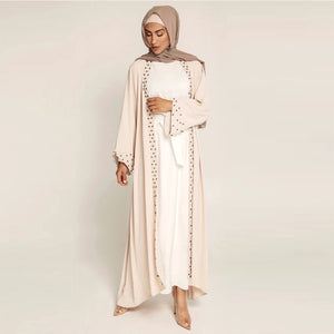 Women's Arabian V-Neck Polyester Full Sleeve Pearl Pattern Abaya