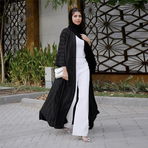 Women's Arabian Polyester Full Sleeves Striped Elegant Open Abaya