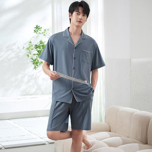 Men's Cotton Short Sleeve Turn Down Collar Solid Sleepwear Set