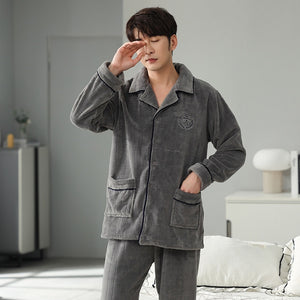 Men's Polyester Full Sleeves Elastic Waist Sleepwear Pajamas Set