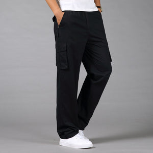 Men's Polyester Mid Elastic Waist Casual Multi Pockets Trousers