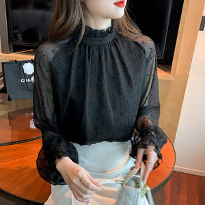 Women's Polyester Long Sleeves Polka Dot Casual Vintage Blouses