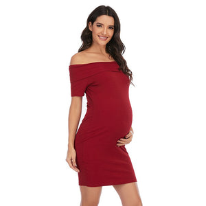 Women's Off Shoulder Short Sleeves Solid Pattern Maternity Dress