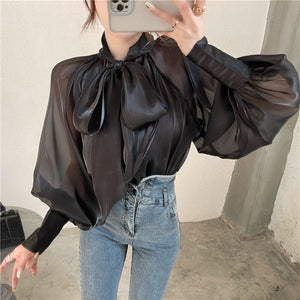 Women's Polyester Bow Collar Full Sleeves Solid Pattern Blouses