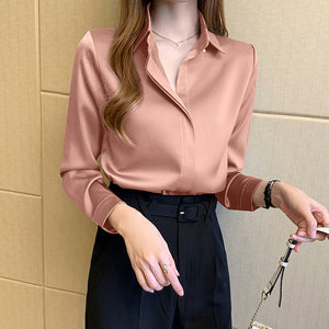 Women's Silk Turn-Down Collar Long Sleeve Plain Pattern Blouse