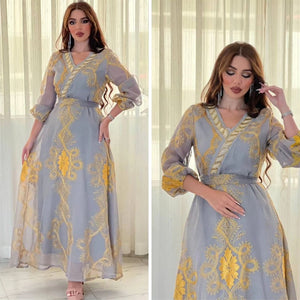 Women's Arabian V-Neck Polyester Full Sleeves Embroidery Dresses