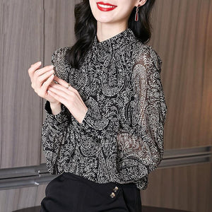 Women's Printed Chiffon Full Sleeves Pullovers Vintage Blouse