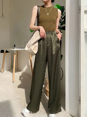 Women's Polyester High Zipper Fly Closure Straight Casual Pant