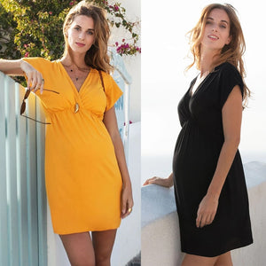 Women's V-Neck Short Sleeves Solid Pattern Loose Maternity Dress