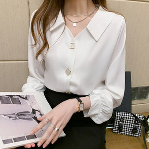 Women's Polyester Turn-Down Collar Full Sleeve Solid Pattern Blouses