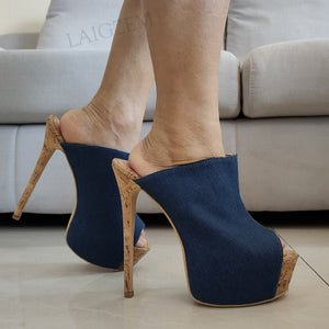 Women's Denim Peep Toe Solid Pattern Thin High Heel Party Shoes