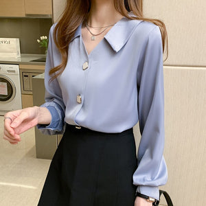 Women's Polyester Turn-Down Collar Full Sleeve Solid Pattern Blouses