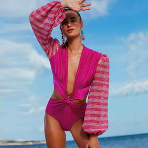 Women's Polyester Deep V-Neck One Piece Mesh Beachwear Swimsuit