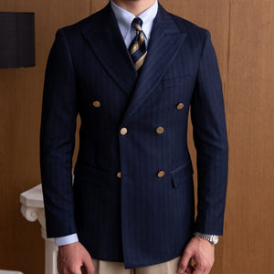 Men's Polyester Full Sleeves Double Breast Striped Pattern Blazer