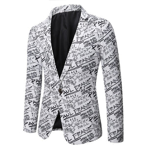 Men's Polyester Full Sleeve Single Button Letter Printed Blazers