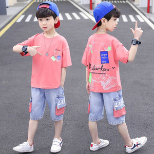 Kid's O-Neck Short Sleeves Shirt With High Waist Jeans Shorts Suit