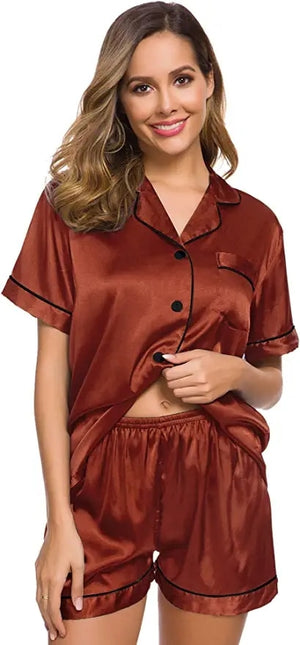 Women's Silk Turn-Down Collar Short Sleeves Sleepwear Dress