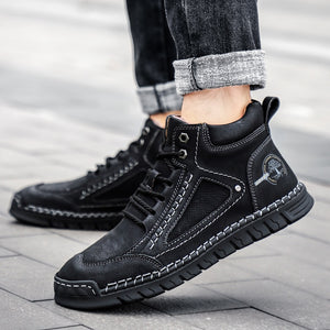 Men's Split Leather Round Toe Lace-Up Waterproof Winter Shoes